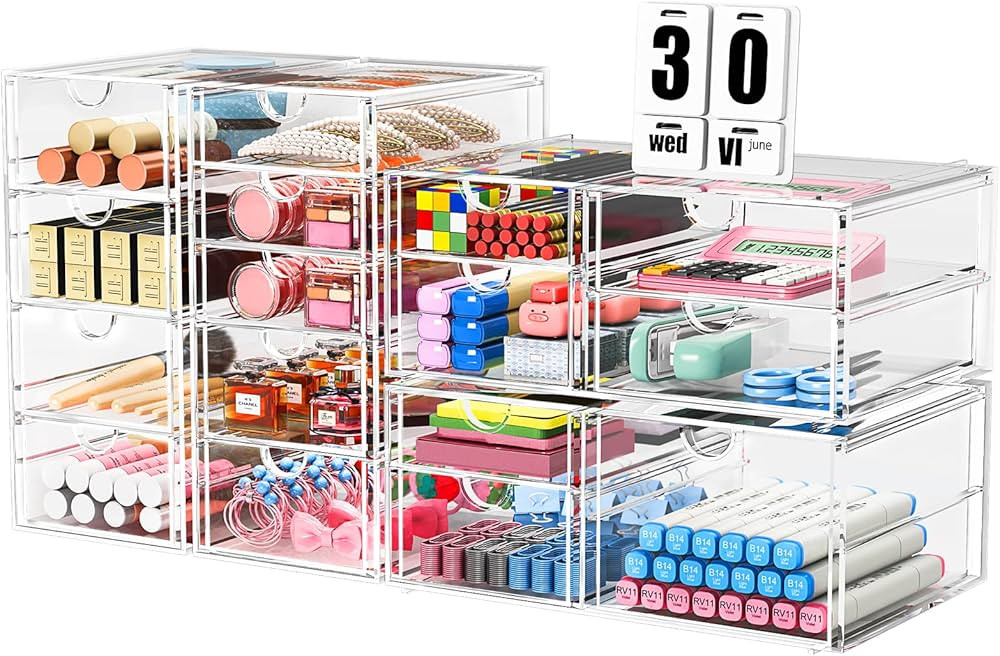Makeup Organizer Storage With 16 Drawers, 4 Pcs Desktop Office Supplies, Desk Organizers, Clear D... | Amazon (US)
