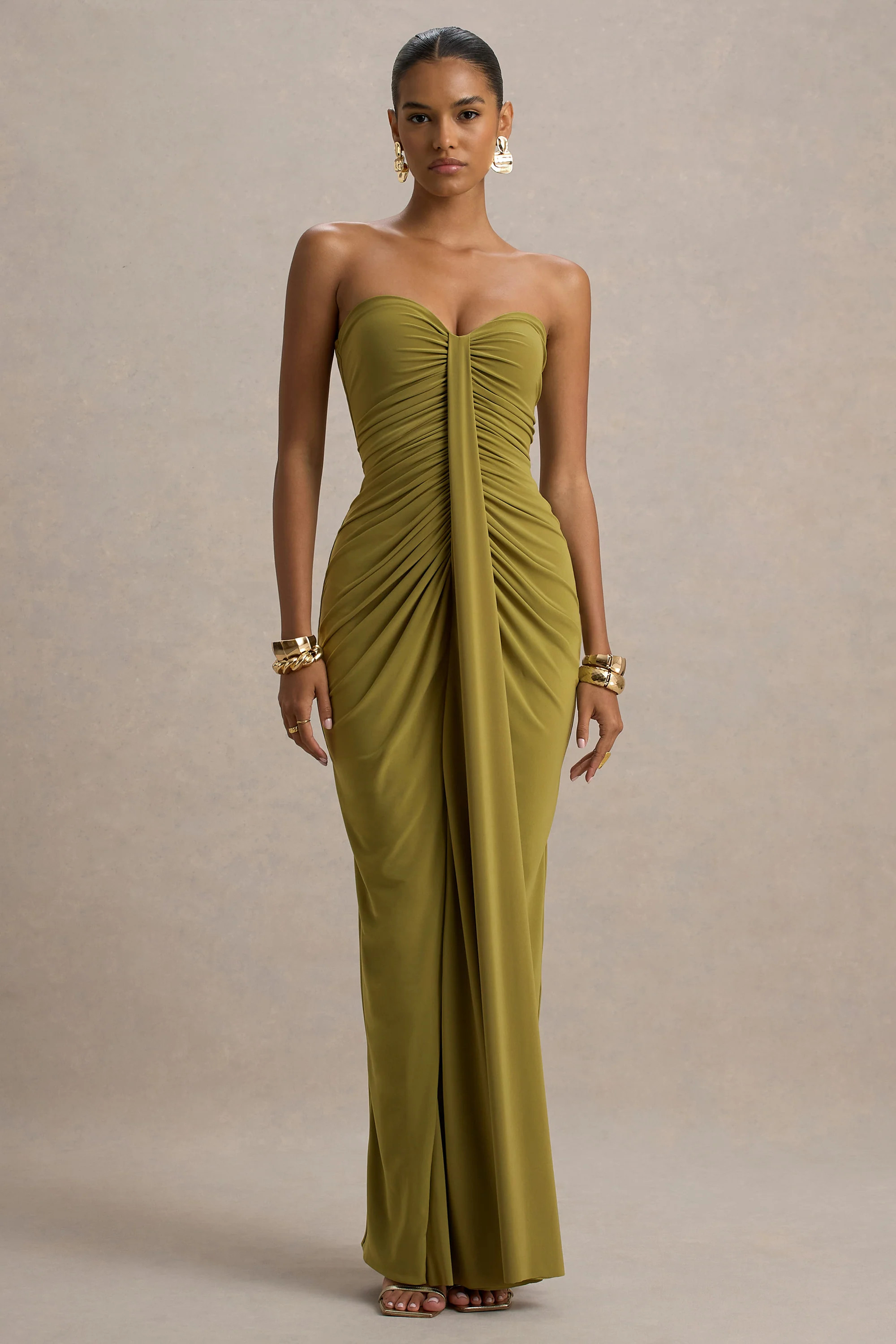 Ali  Olive Sweetheart Ruched Wrap Maxi Dress | Club L London