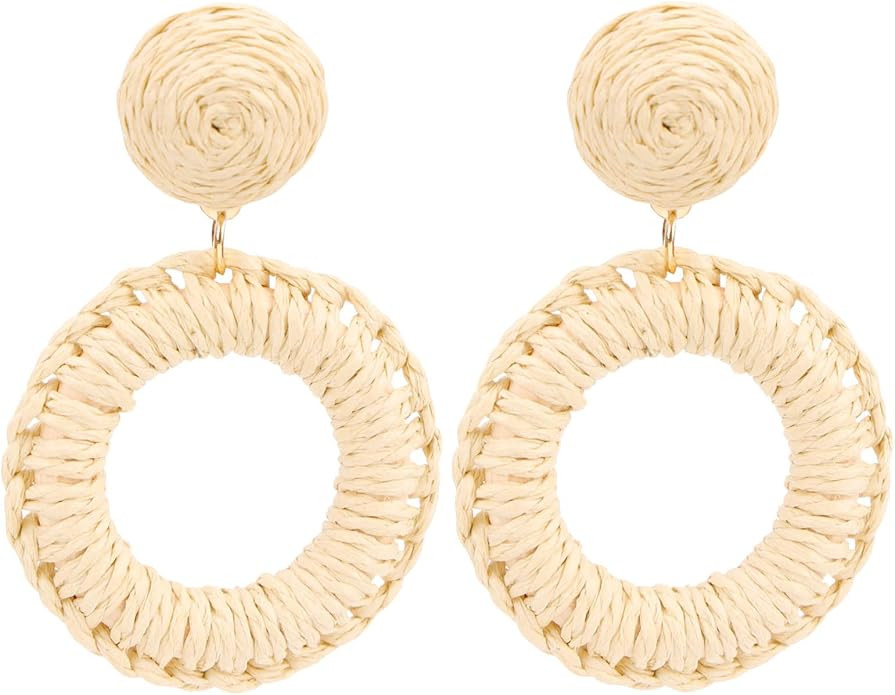 Raffia Hoop Drop Earrings Handmade Cirle Dangle Statement Earrings Fashion Jewelry for Women Girl... | Amazon (US)