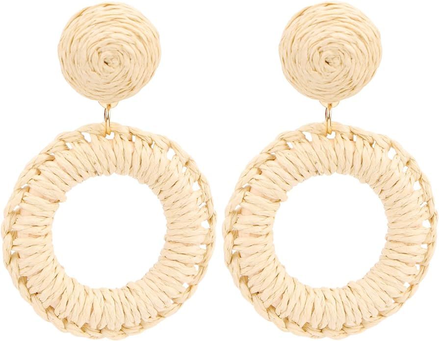 Raffia Hoop Drop Earrings Handmade Cirle Dangle Statement Earrings Fashion Jewelry for Women Girl... | Amazon (US)