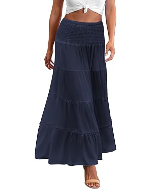 Zeagoo Women's Long Maxi Skirts Tiered Elastic High Waist Boho Double Layered Print A-Line Casual... | Amazon (US)