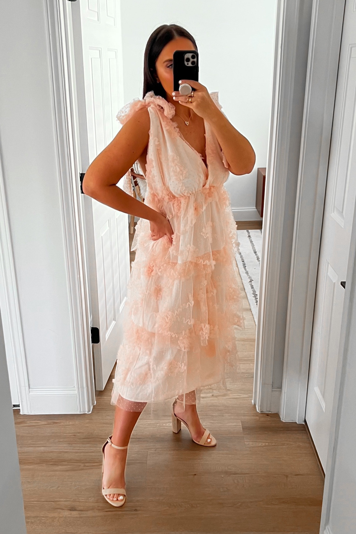 Red Dress Stolen Glances Light Pink Midi Dress wearing size small. Kendra Scott Ari Heart Gold Pendant Necklace. Women's Hi-Chunk High Heel Pump Sandals wearing size 9  