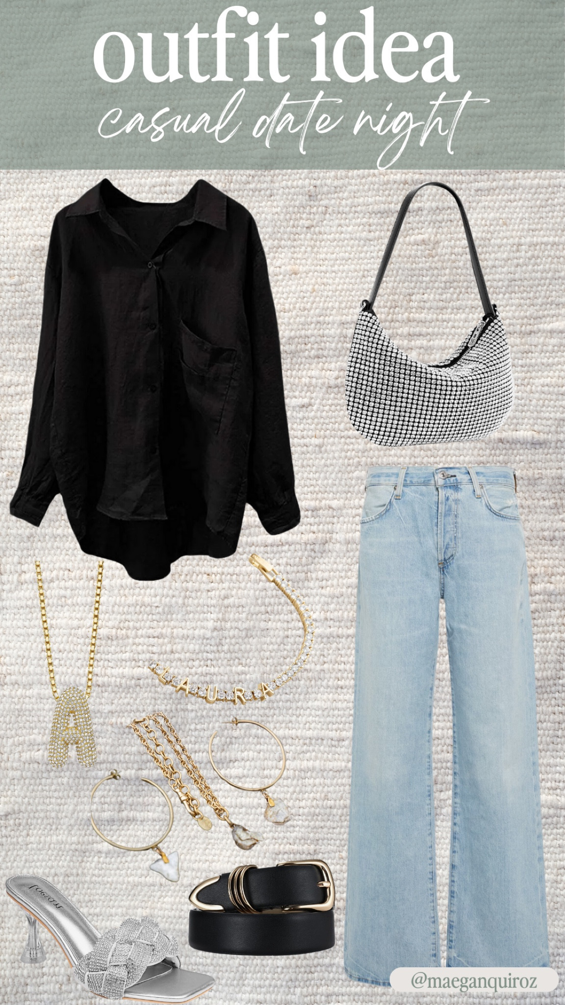 Date Night Inspo 🖤 #amazon #revolve #baublebar #jeans #springoutfit #sandals #heel #datenight #linen #glam 

#LTKfindsunder50 #LTKitbag #LTKSeasonal