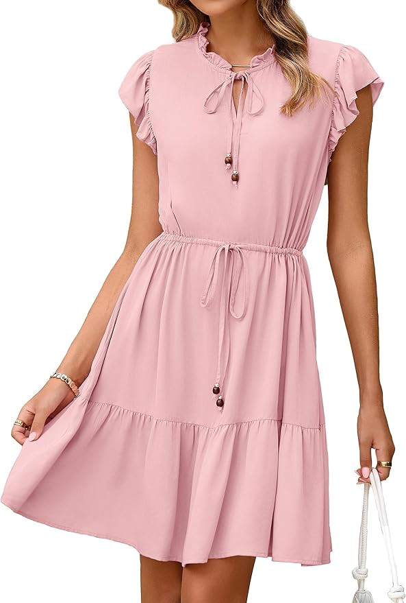 Simplee Womens Summer Dress 2025 Ruffle Short Sleeve Floral Boho Dress V Neck A-line Drawstring M... | Amazon (US)