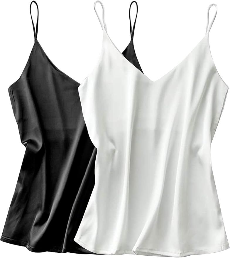 Ekouaer Womens Silk Satin Tank Top 2 Pack V Neck Basic Camisole | Amazon (US)