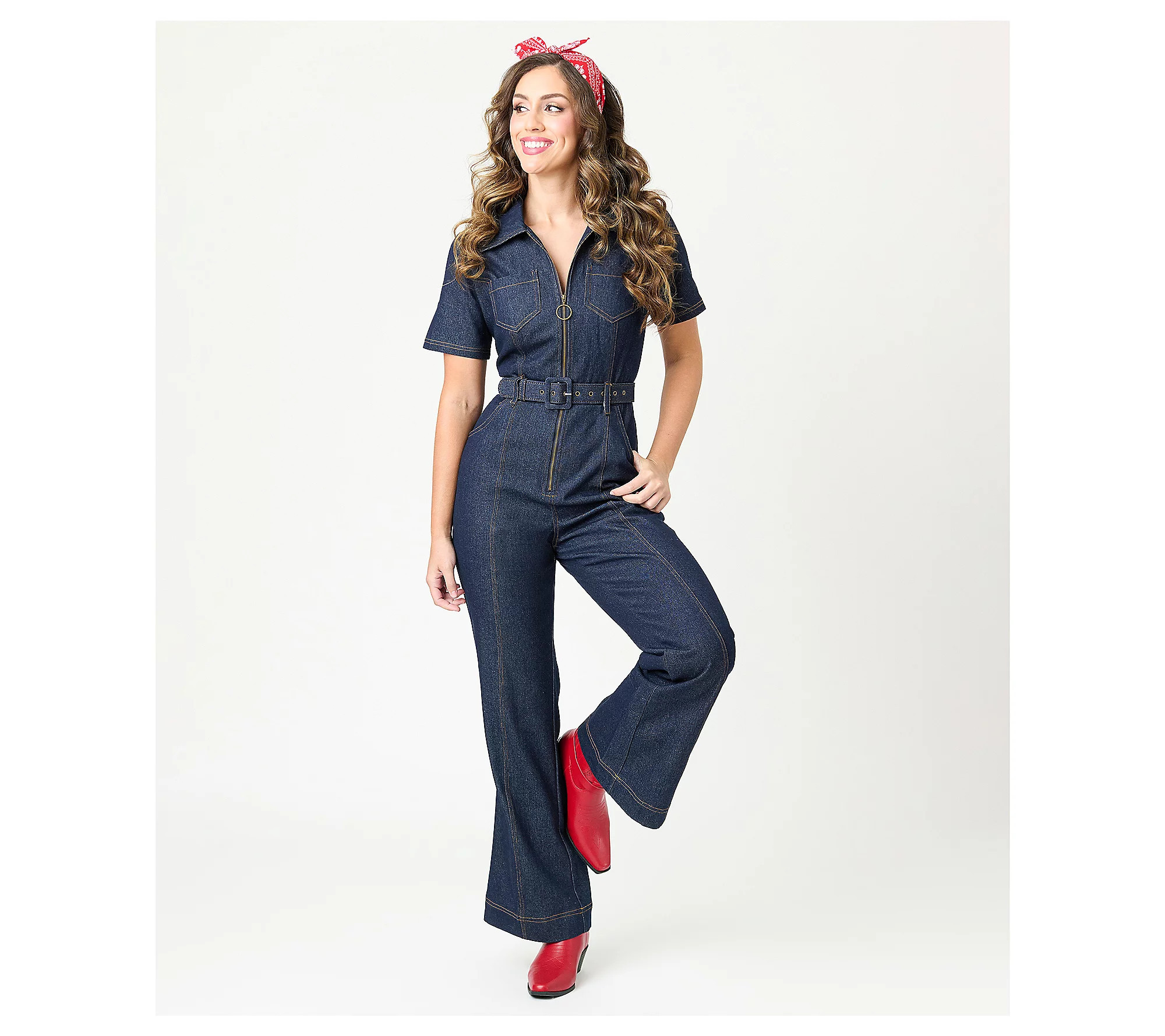 Unique Vintage Dark Denim Belted Jumpsuit | QVC