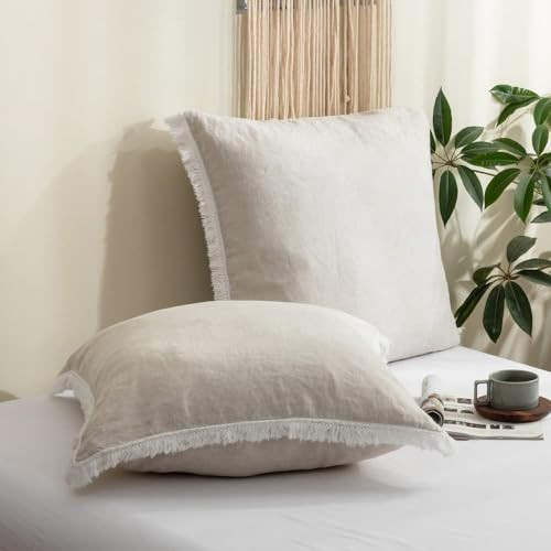 Simple&Opulence 100% Linen Euro Sham Pillow Covers Belgian Flax-Set of 2, Decorative Pillow Cover with Tassels, Boho Shabby Chic Style for Couch/Bed, Natural Linen, 26" x 26" | Amazon (US)