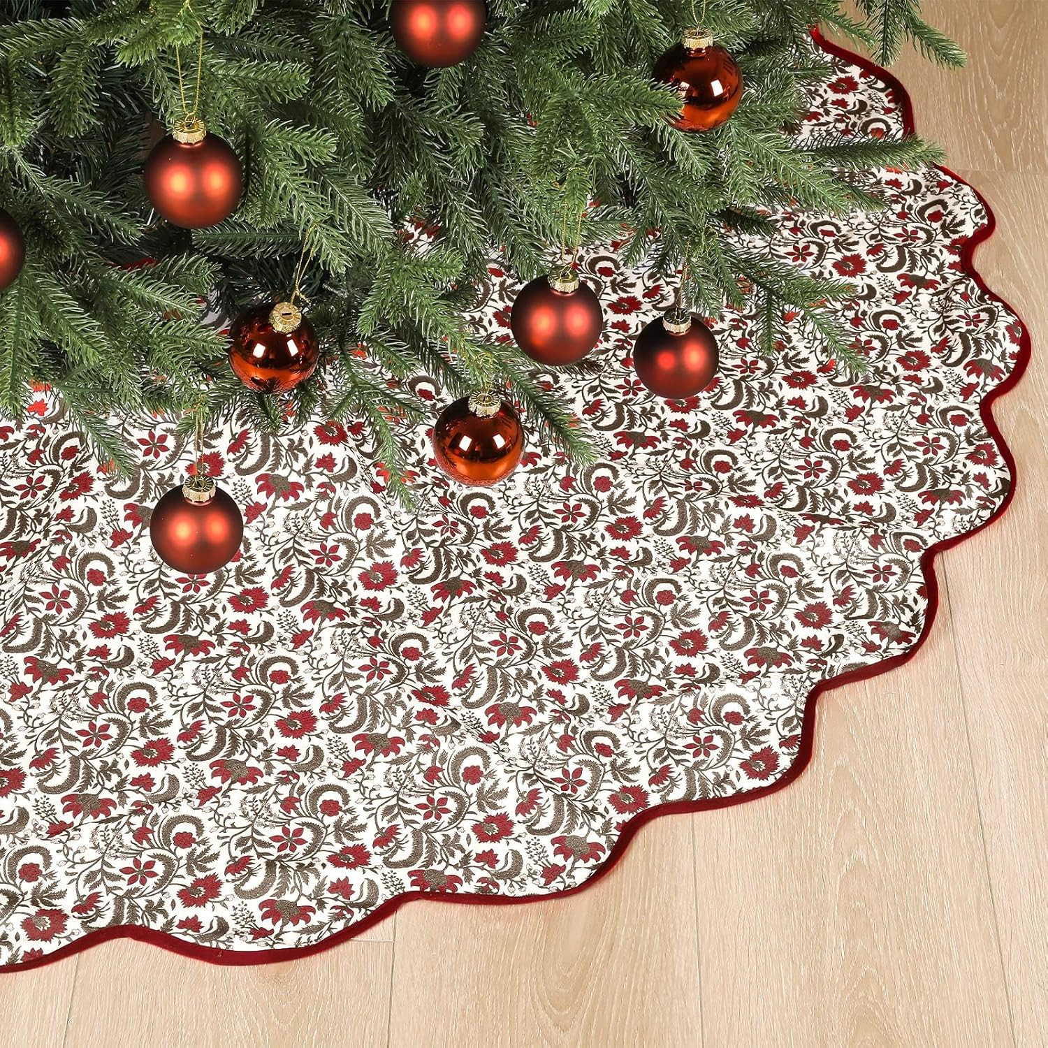 Christmas Tree Skirt Cotton Floral Block Tree Skirt in Nature Color for Home Xmas Party Seasonal ... | Amazon (US)