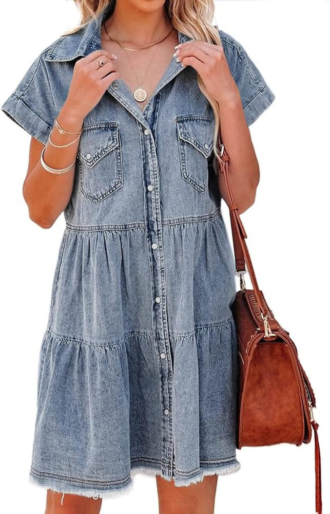 Sidefeel Womens Buttoned Frayed Pocket Short Sleeve Denim Jean Dresses | Amazon (US)