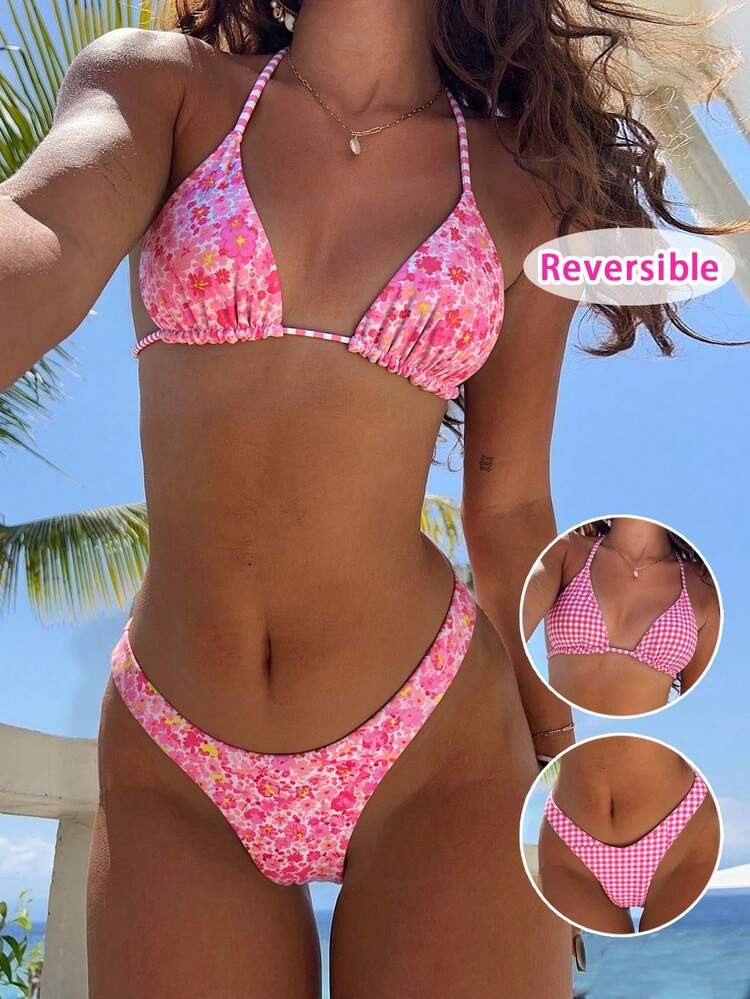 Women's Sexy Floral Striped Print Bikini Set, Triangle Deep V Bikini, Suitable For Beach Vacation | SHEIN