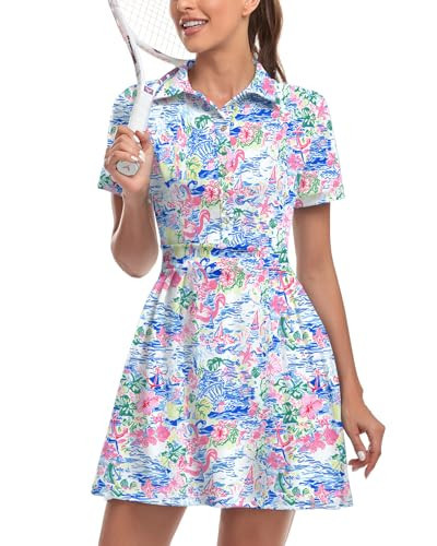 Soneven Women Polo Golf Tennis Dress Built in Shorts Short Sleeve Workout Athletic Pleated Dresses with Pockets(127-Floral 3, Large) | Amazon (US)