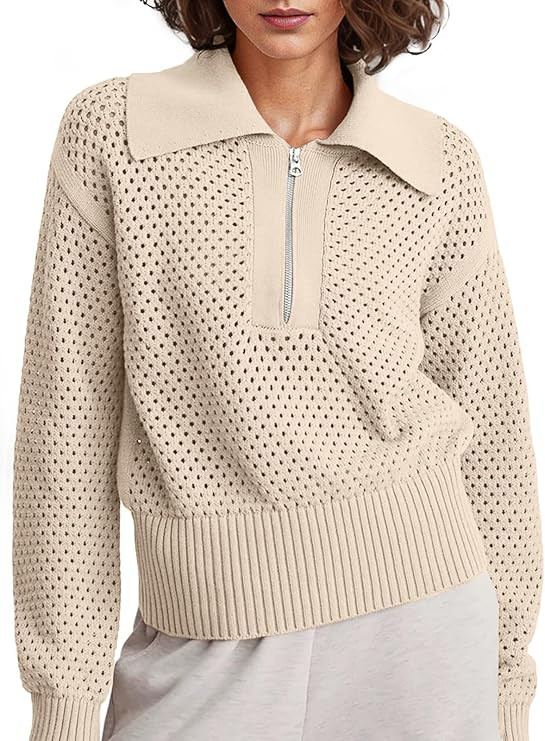 Women's Half Zip Pullover Sweaters Crochet Lapel Collar Long Sleeve Knit Solid Color Jumper Tops | Amazon (US)