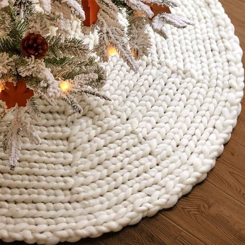 LimBridge Knitted Christmas Tree Skirt: 48 Inches Crochet Cream White Tree Skirt, Chunky Knit Thick  | Amazon (US)