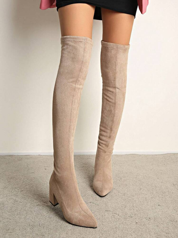 Women's Fashionable Back Zipper Pointed Toe Chunky Heel Elastic Over-The-Knee Boots | SHEIN