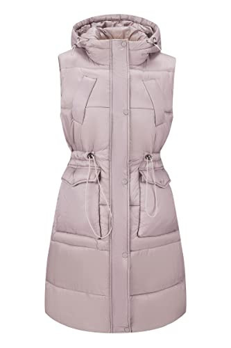 RISISSIDA Puffer Vest Women Long Puffy Quilted Hooded Sleeveless Jacket Beige M | Amazon (US)