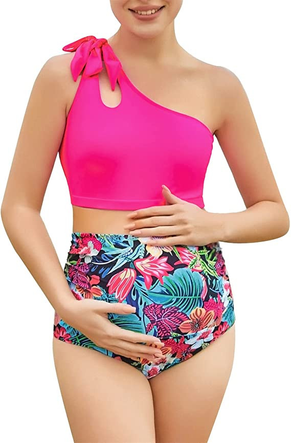 Maacie Women's Maternity One Shoulder Swimsuit Cutout High Waist 2 Pieces Bikini | Amazon (US)