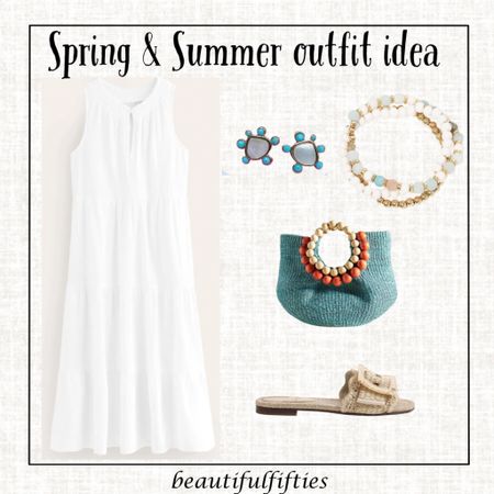 Spring and summer outfit idea. Make your white dress pop with color! Earrings, bracelets, woven bag and raffia slide sandals 

Code BF20 for 20 percent off all jewelry at Erin McDermott Jewelry - tap below 

#LTKstyletip #LTKtravel #LTKshoecrush