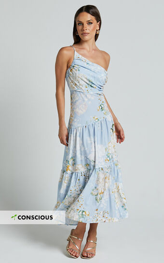 Zophia Midi Dress - One Shoulder Tiered Dress in Aqua Botanical Print | Showpo (US, UK & Europe)