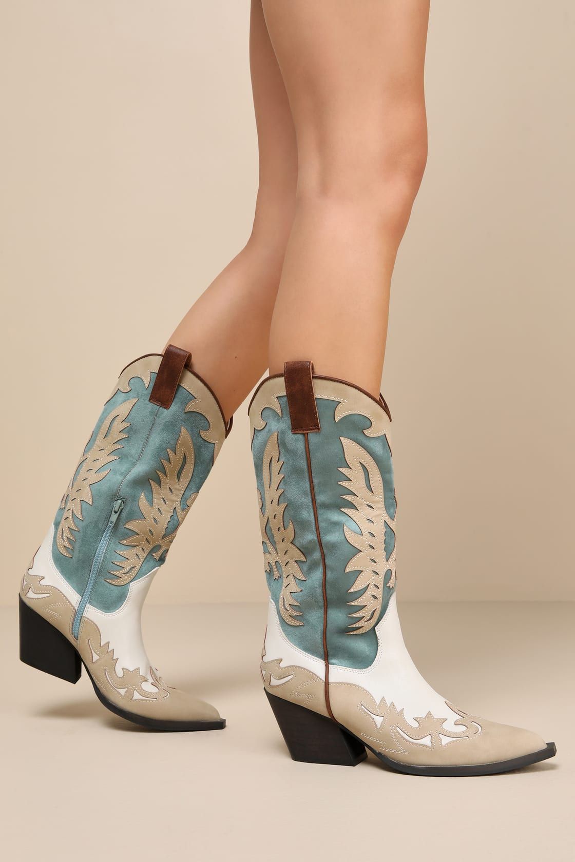 Elinoah Blue Color Block Pointed-Toe Mid-Calf Western Boots | Lulus