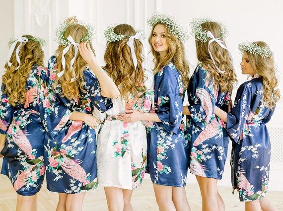 Bridesmaid Robes Navy Blue, Bridesmaid Gift, Satin Bridesmaids Robe, Kimono Robe, Floral Bridal R... | Etsy (US)