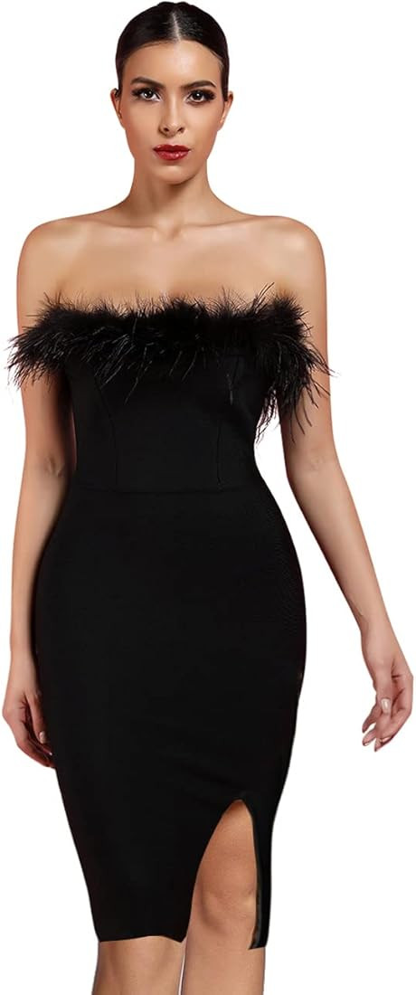 whoinshop Women's Sexy Off Shoulder Feather Bandage Evening Club Party Dress | Amazon (US)