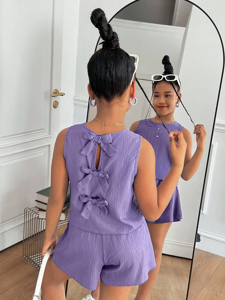 2pcs/Set Tween Girls Casual Textured Fabric Bow Back Camisole Top And Shorts Set Jumpsuit Girls Lavender Lilac Dress Girl Girls Purple Romper | SHEIN