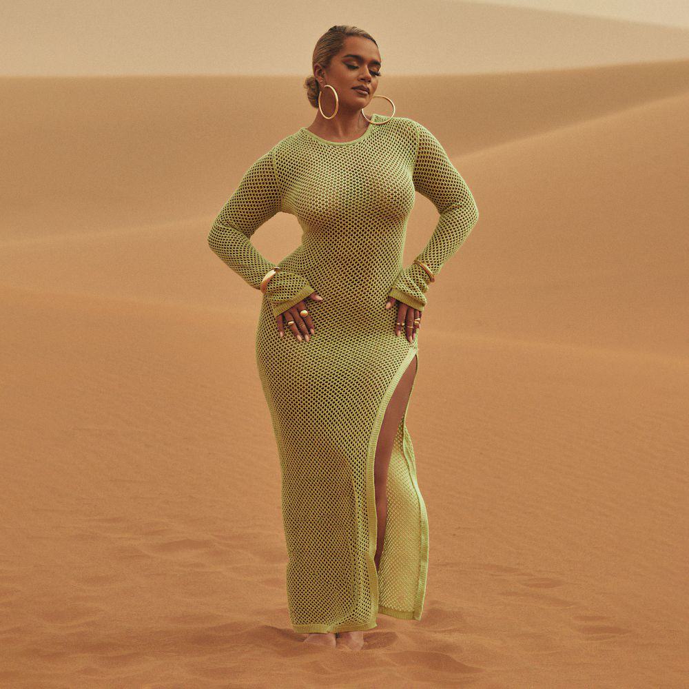 Plus Long Sleeve Open Back Split Leg Maxi Dress In Green Crochet Knit | EGO Shoes (US & Canada)