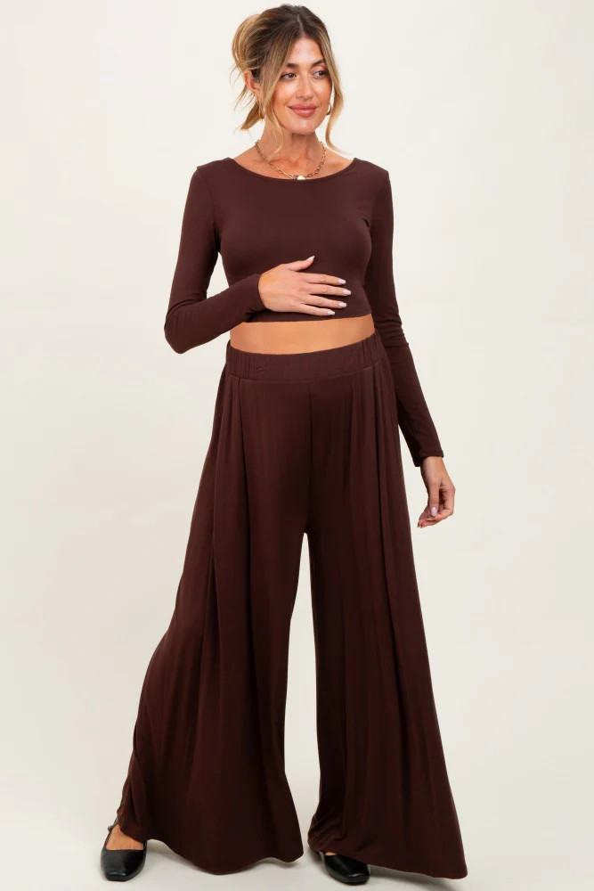 Brown Long-Sleeve Crop Top And Maxi Pants Maternity Set | PinkBlush Maternity
