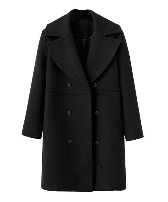 CELLABIE Women's Pea Coats Black - Black Pocket Wool-Blend Double-Breasted Peacoat - Women | Zulily