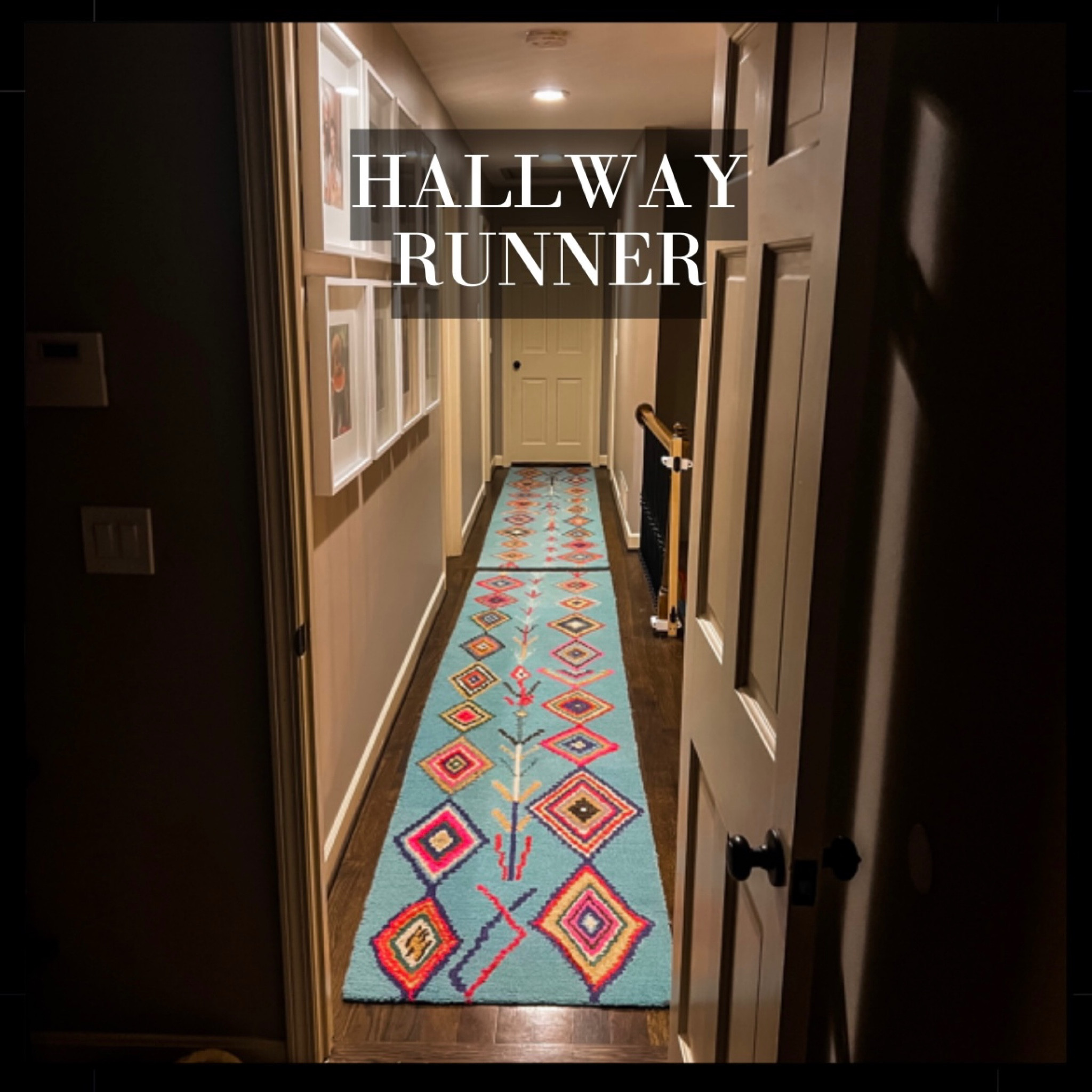 This rug MAKES the hallway. So bright & full of personality! Frames are IKEA RIBBA 

#LTKhome #LTKFind #LTKstyletip
