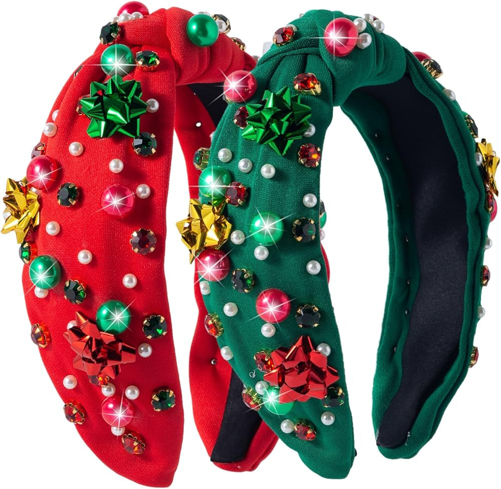 2 Pack Christmas Headband for Women Pearl Rhinestone Crystal Jeweled Xmas Flower Embellished Ladi... | Amazon (US)