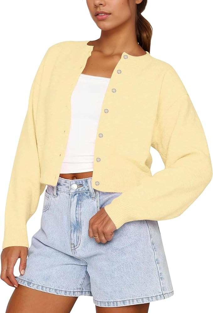 Women Casual Open Front Button Down Cropped Cardigan Sweaters Y2k Crewneck Long Sleeve Fall Knitw... | Amazon (US)