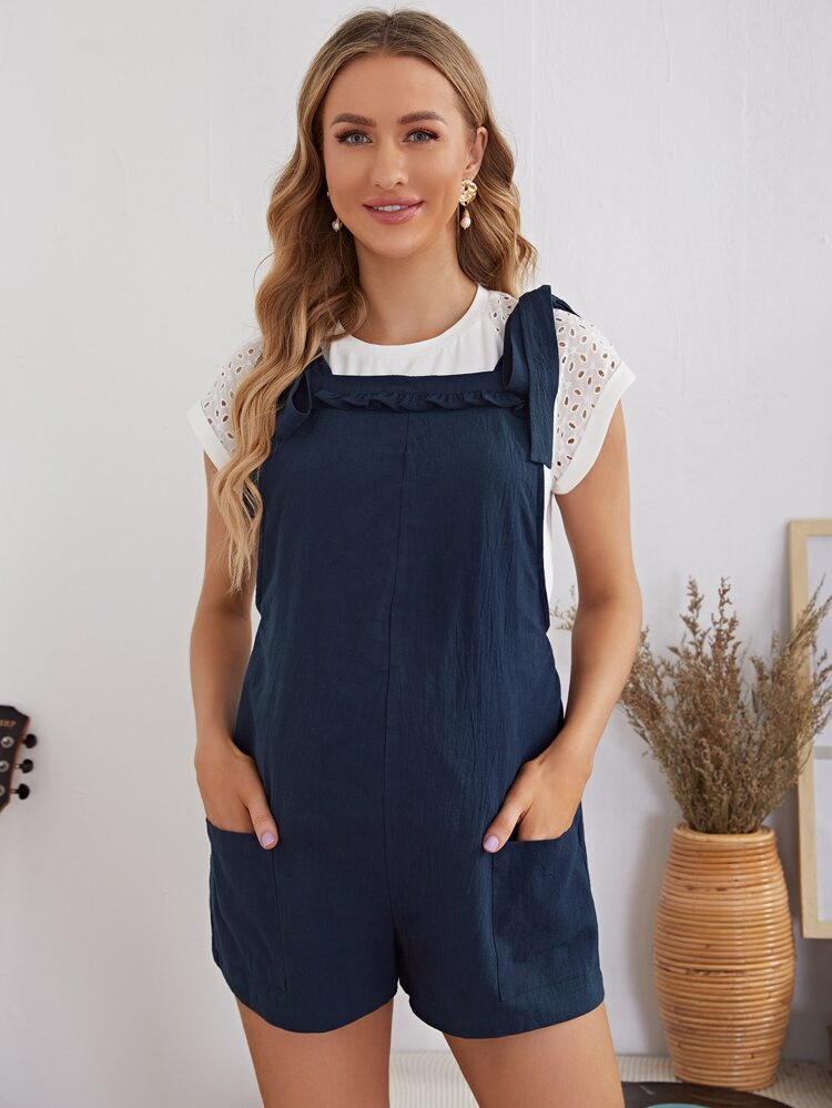 SHEIN Maternity Knot Shoulder Patch Pocket Overall Romper | SHEIN