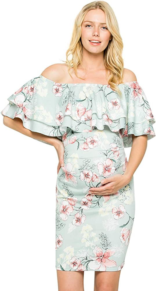 My Bump Double Layer Ruffle Maternity Dress-Fitted Off-Shoulder Baby Shower Pregnancy | Amazon (US)