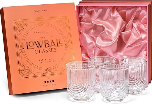 GLASSIQUE CADEAU Vintage Art Deco Lowball Gatsby Cocktail Glasses | Set of 4 | 13 oz Double Old F... | Amazon (US)