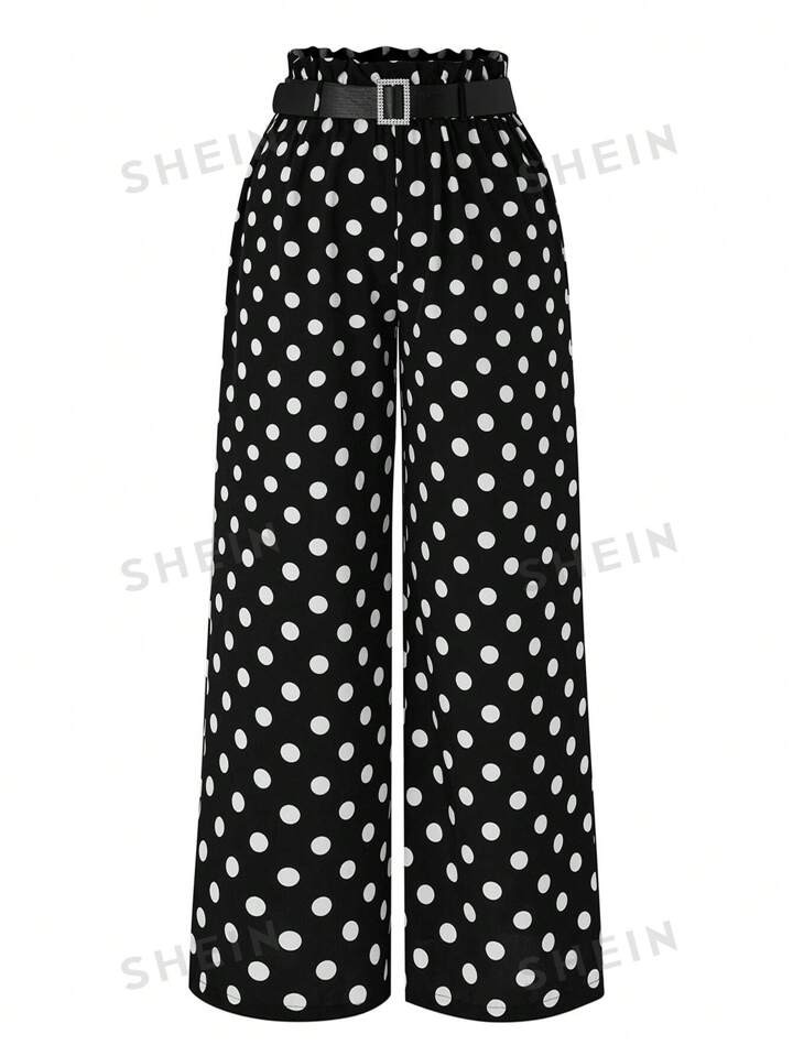 SHEIN Clasi Plus Size Polka Dot Printed Wide-Leg Pants With Belt, Casual Daily Wear | SHEIN