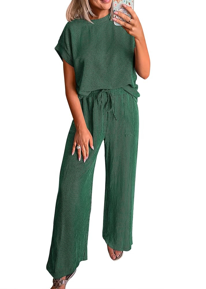 KIRUNDO Summer Sets Women 2 Piece Outfits Casual Ribbed Knit Short Sleeve Tops Wide Leg Pants Lou... | Amazon (US)
