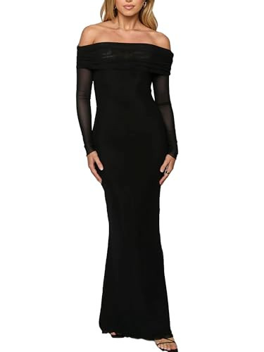 BORIFLORS Women's Elegant Off The Shoulder Bodycon Long Sleeve Maxi Dress Mesh Cocktail Party Wedding Guest Formal Dresses, Small, Black | Amazon (US)