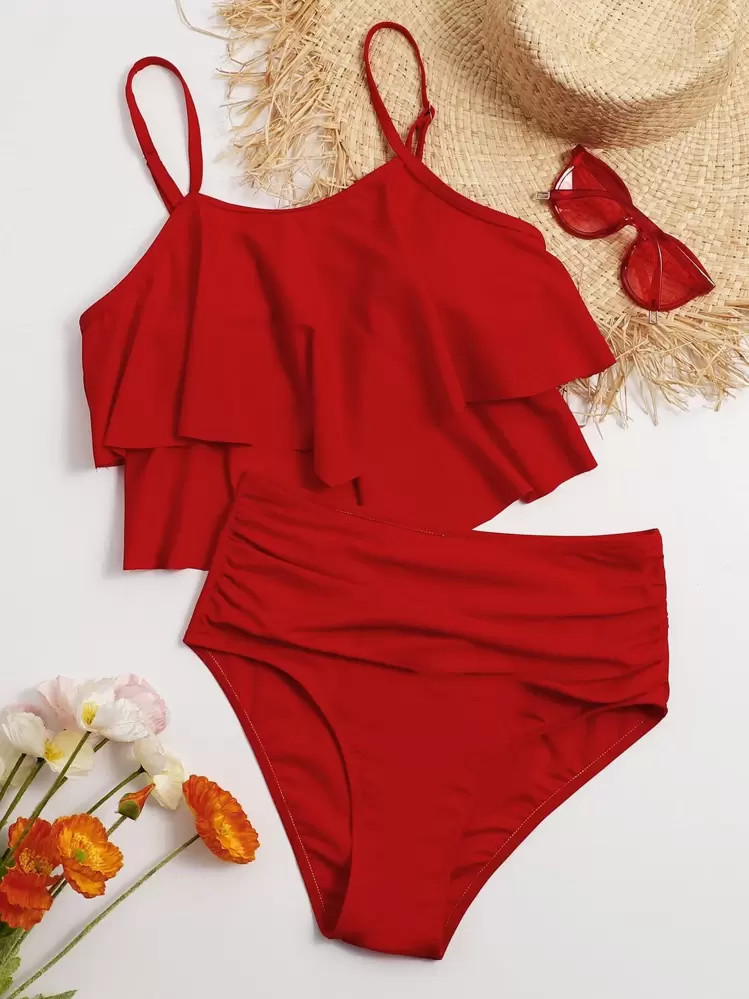 SHEIN Swim Summer Beach Solid Tankini Set Hanky Hem Flowy Cami Top & Ruched High Waisted Bottom 2 Piece Bathing Suit | SHEIN