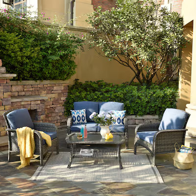Ovios New Augtus 4 -Piece Rattan Patio Conversation Set with Blue Cushions | Lowe's