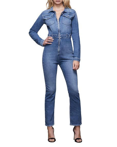 Good American Exposed Zip Denim Jumpsuit - Inclusive Sizing | Neiman Marcus