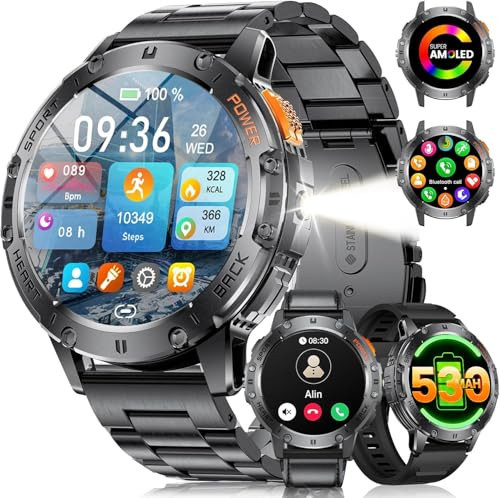 Military Smart Watches for Men(Answer/Make Calls) with LED Flashlight,530mAh Large Battery,1.43" AMOLED Sports Smartwatch with 170+ Sport Modes,5ATM Waterproof Fitness Tracker for iOS Android,3 Straps | Amazon (US)