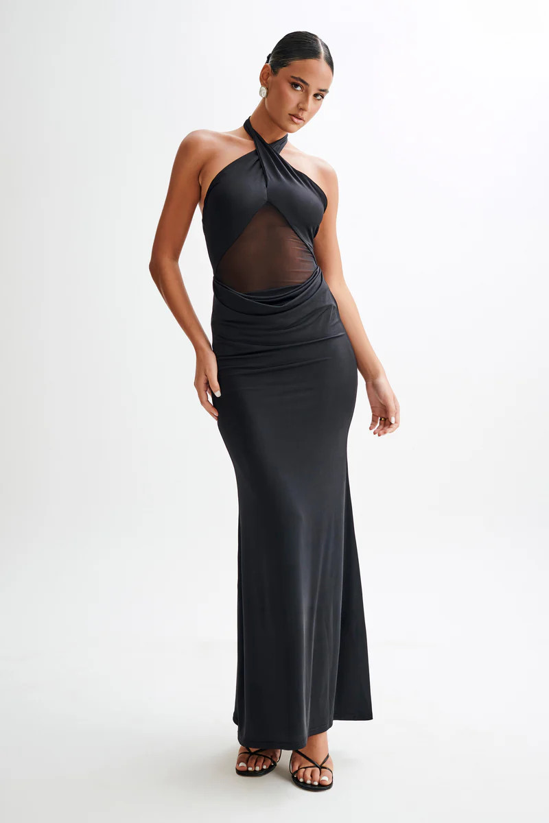 Caterina Slinky Mesh Halter Maxi Dress - Black | MESHKI US