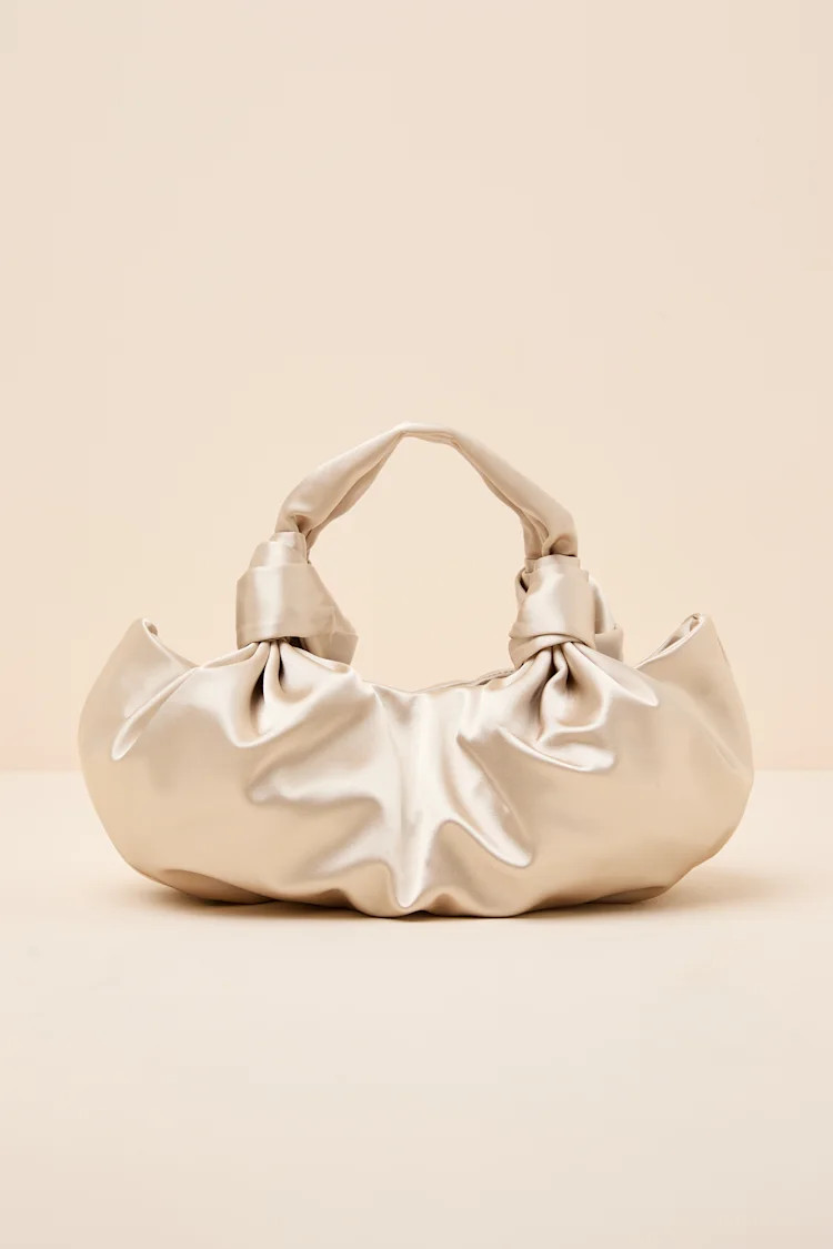 Maelynn Champagne Satin Knotted Handle Bag | Lulus
