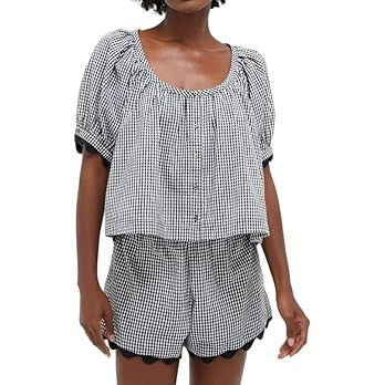 VAOYIU Womens Gingham Two Piece Summer Set Linen Outfit with Scalloped Hem Puff Sleeve Round Neck... | Amazon (US)
