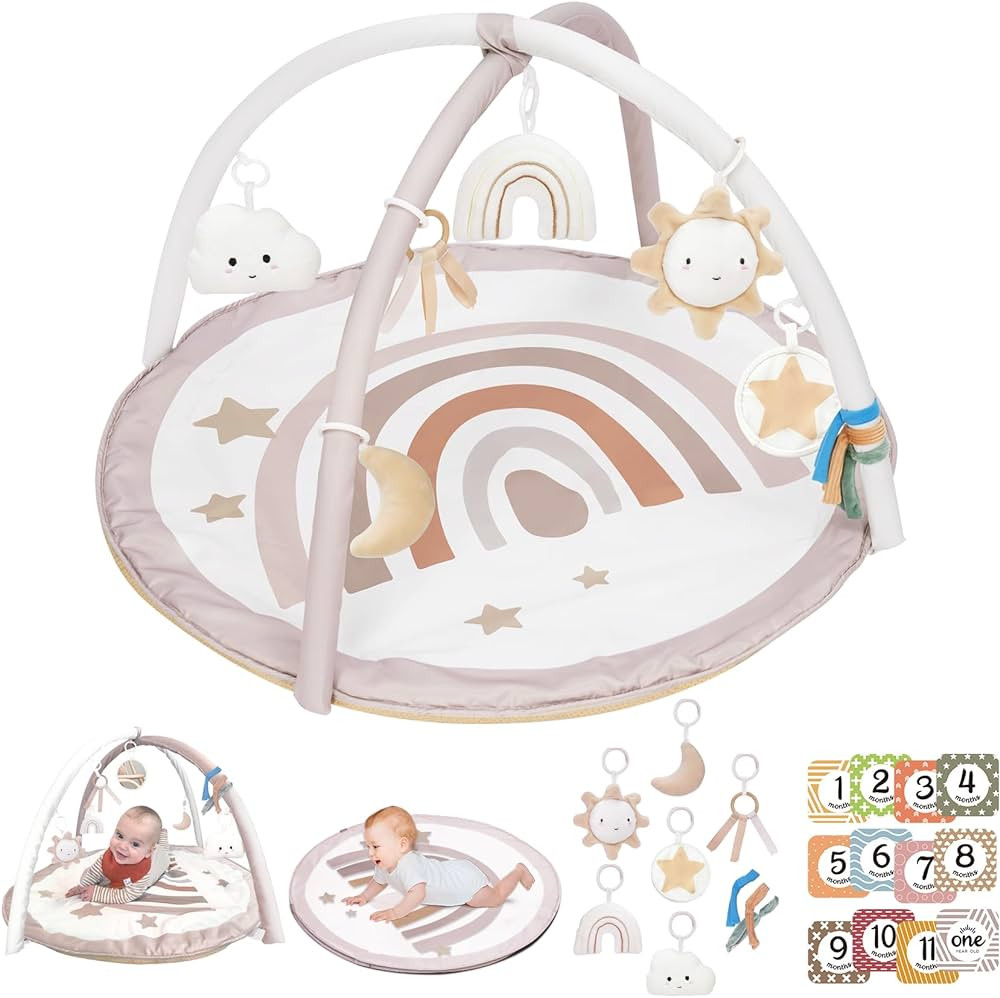 Baby Play Gym Mat, Tummy Time Activity Mat with 7 Detachable Toys and 12 Milestone Cards for Stag... | Amazon (US)