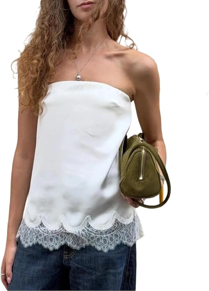 Women Y2K Lace Trim Satin Tube Top Silk Strapless Loose Bandeau Top Sexy Going Out Layering Shirt... | Amazon (US)