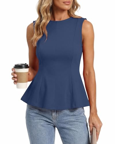 BTFBM Womens Summer Tops 2026 Business Casual Outfits Crew Neck Sleeveless Shirts Slim Fit Peplum... | Amazon (US)