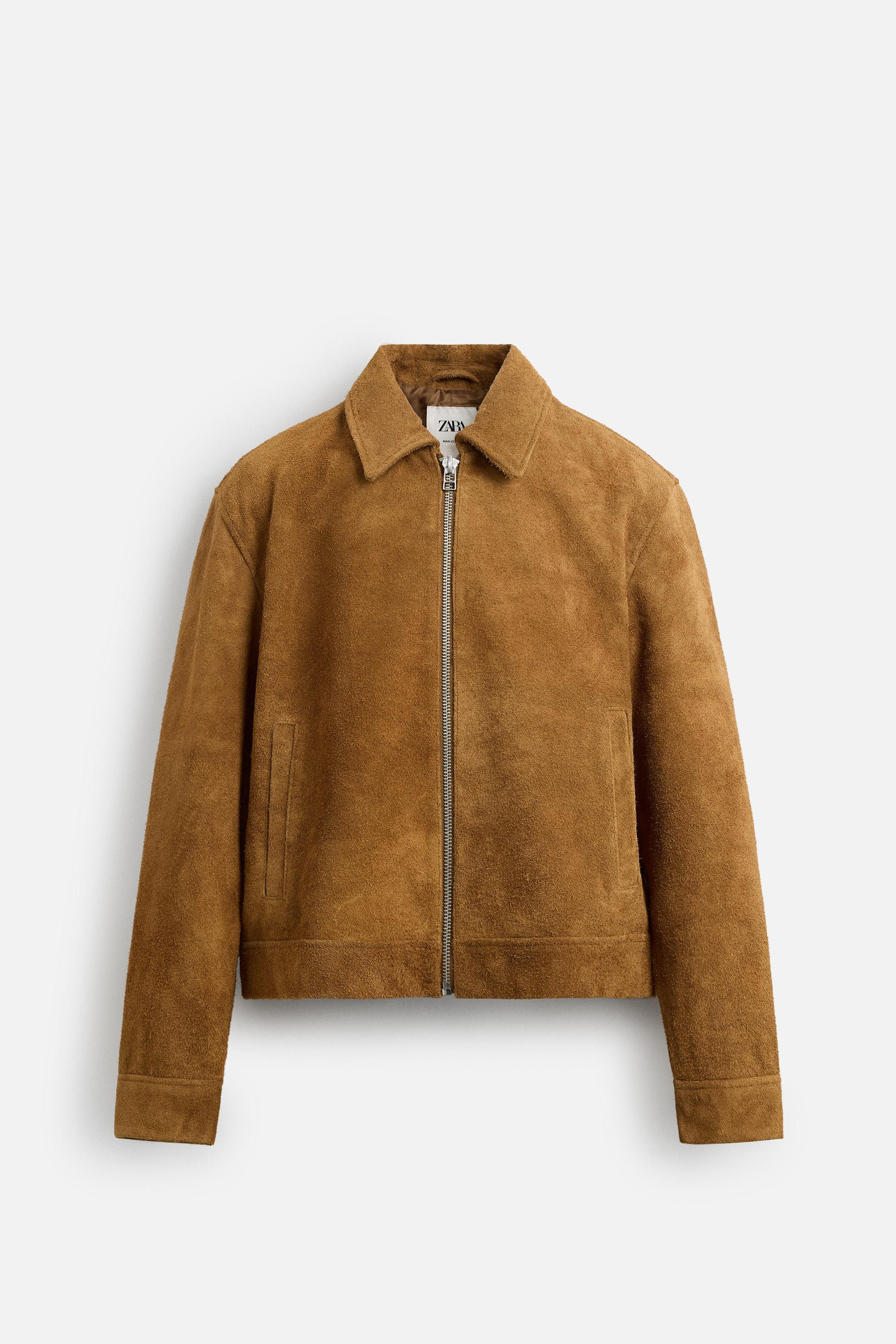 Cropped fit leather jacket with a suede finish. Lapel collar and long sleeves with buttoned cuffs... | Zara UK