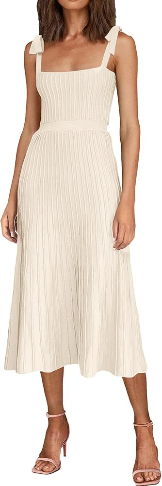 Women's 2024 Summer Maxi Dresses Tie Spaghetti Strap Square Neck Ribbed Knit Dress | Amazon (US)